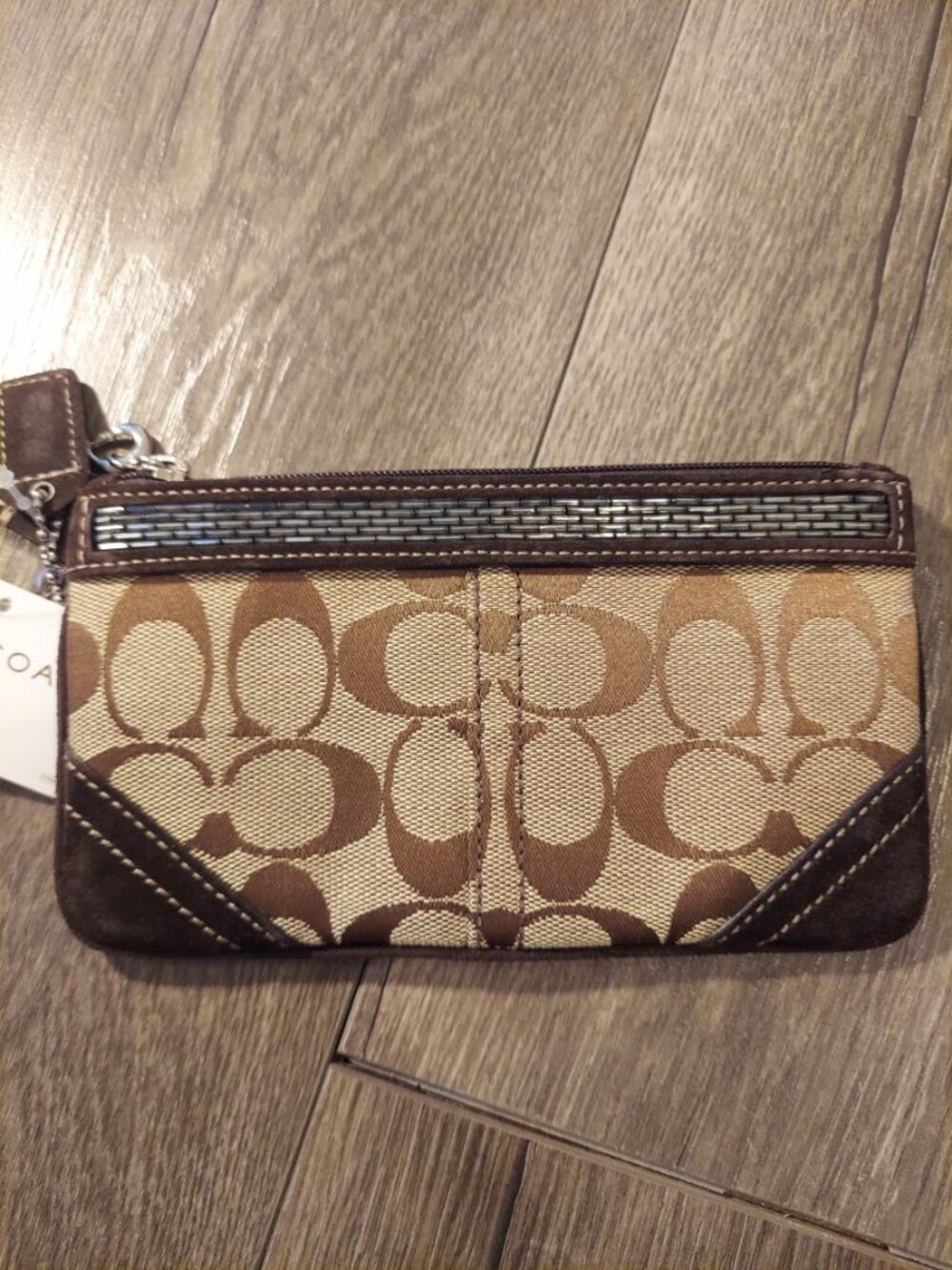 NWT Coach Signature Brown Khaki Wristlet Wallet Pouch Clutch Canvas Leather Zip - Picture 4 of 9